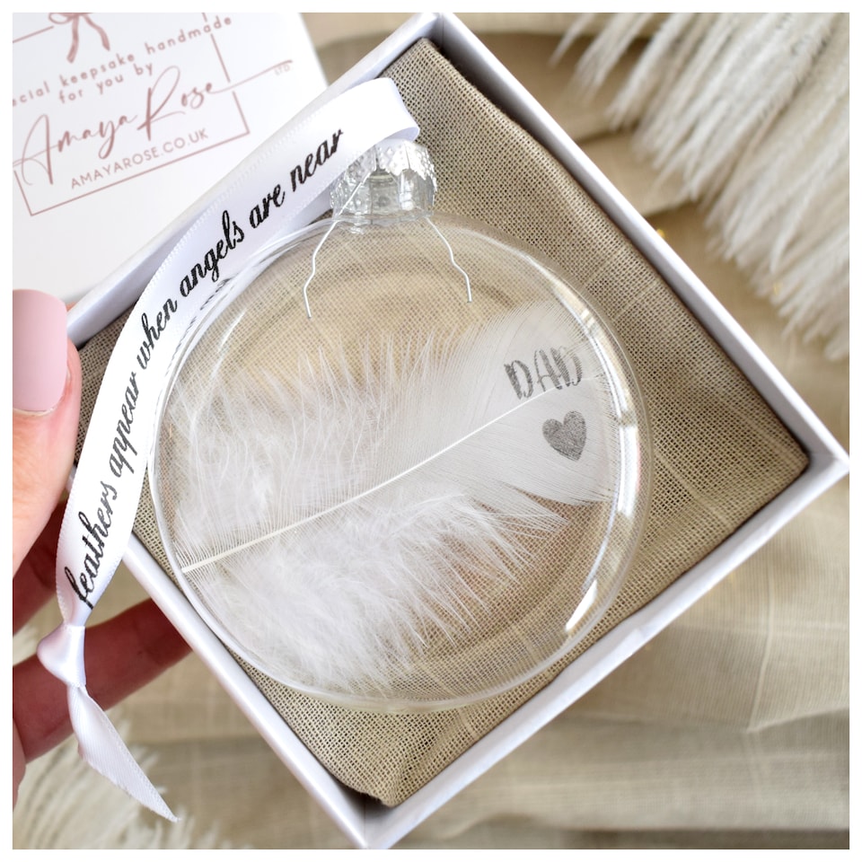 image 1 of In Memory of Dad Feather Round Bauble Gift Boxed. Memorial Christmas Decor