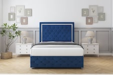 Sloomy Sofia Chrome Navy Plush Divan Bed With Mattress 2 Drawers Left Side With 26" Strutted Headboard & 12" Matching Footboard 6' Super King | Blue | Navy | Super King | 1