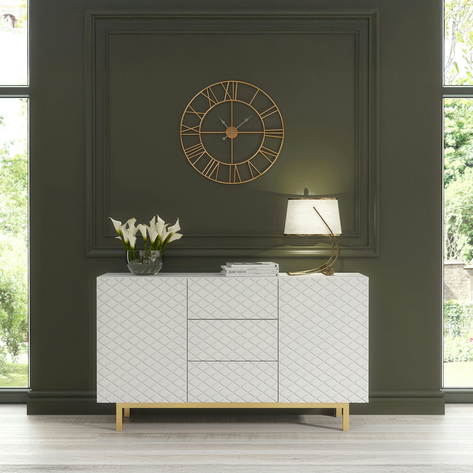 image 1 of White Sideboard with Diamond Pattern Fronts and Gold Legs – 140cm White