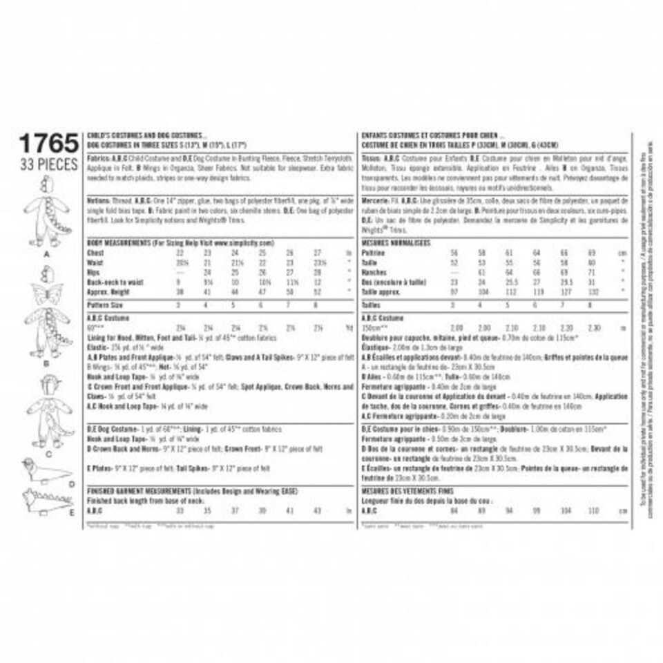 image 1 of Simplicity 1765 Paper Sewing Pattern – Children’s, Pet & Teenagers’ Costumes, Ages: 3–4–5–6–7–8, Intermediate