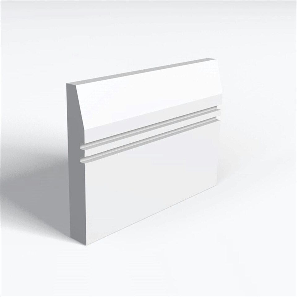Pack of 20 (Total 20 Units) - MR MDF Primed Splay & 2 Square Grooves Skirting Board - 25mm (T) x 144mm (H) x 3050mm (L)
