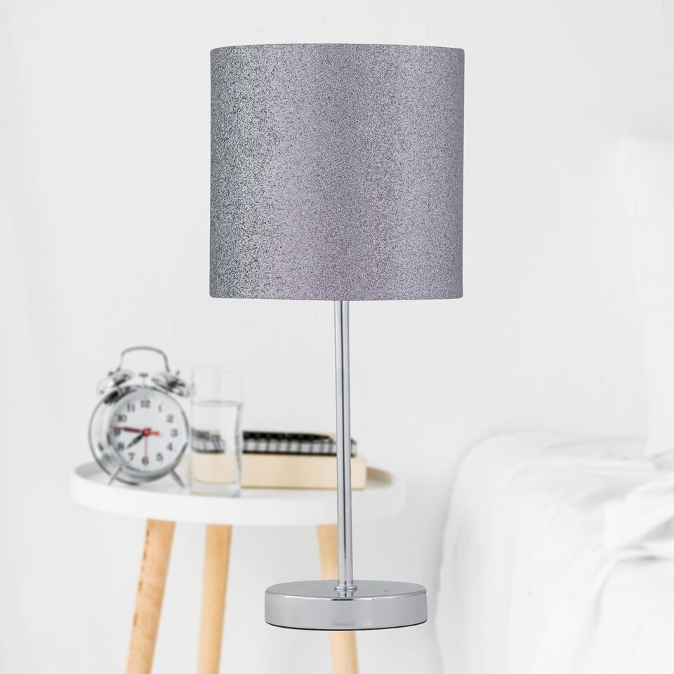 image 1 of Chrome Stick Table Lamp with Grey Glitter Shade | Chrome | Grey | Medium | 1