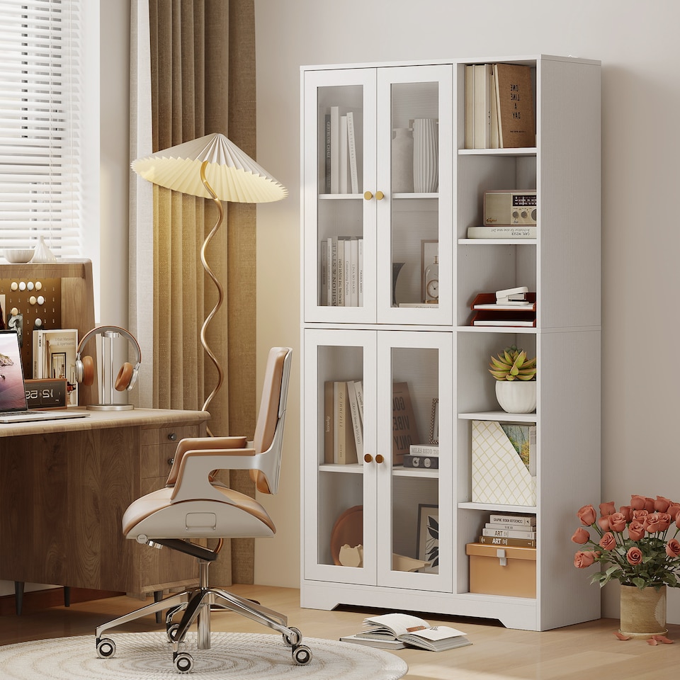 image 1 of HOMCOM 172 cm Tall Kitchen Cupboard, Pantry Storage Cabinet with Tempered Glass Doors and Soft-Close Hinges, Freestanding Kitchen Cabinet with Adjustable Shelves and 6 Open Shelves, White | White | White