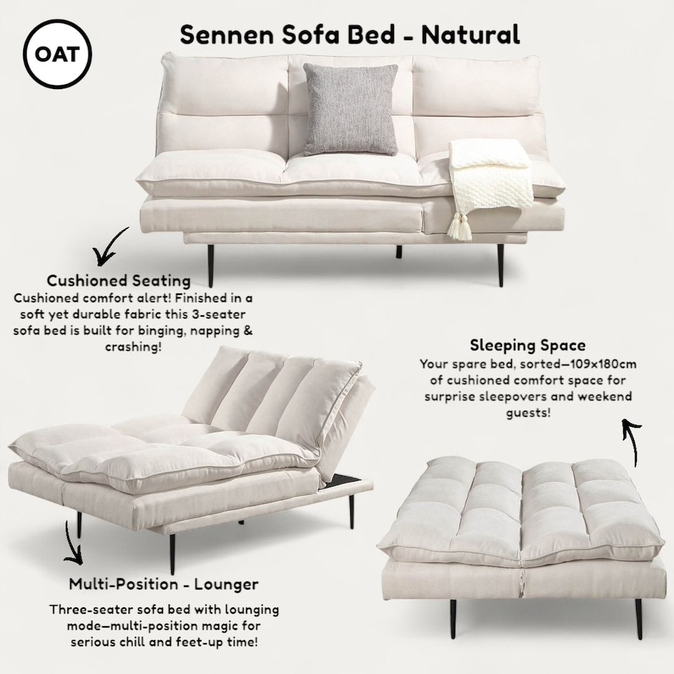 image 1 of Sennen Cushion Padded Fabric 3 Seater Large Single Clic-Clac Sofa Bed | Cream | Natural | Three Seater