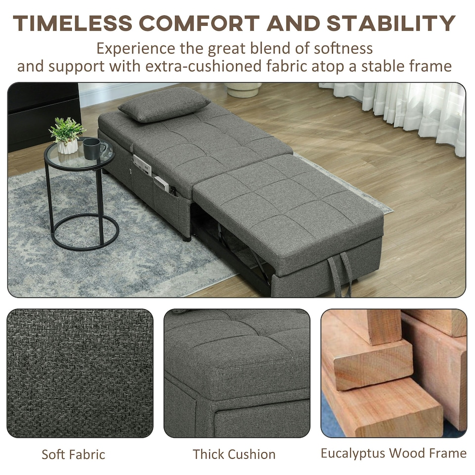image 1 of HOMCOM 4-in-1 Pull Out Sleeper Chair Bed with Pockets, Charcoal Grey 