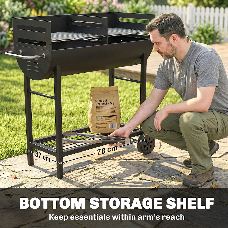 image 1 of Outsunny Charcoal Barbecue Grill with 2 Cooking Areas, Wheels | Black | Black | 103L x 46.5W x 100H cm