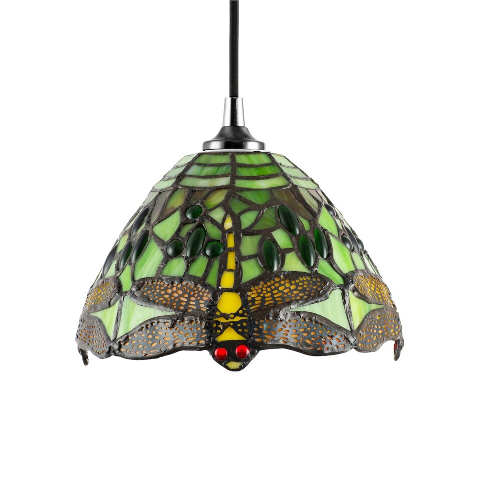 image 1 of Dragonfly Themed Green Stained Glass Tiffany Pendant Lighting Shade with Beads