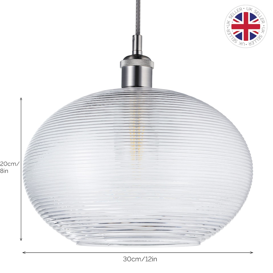 image 1 of Contemporary Clear Ribbed Spiral Glass Easy Fit Drum Shaped Pendant Light Shade | Clear