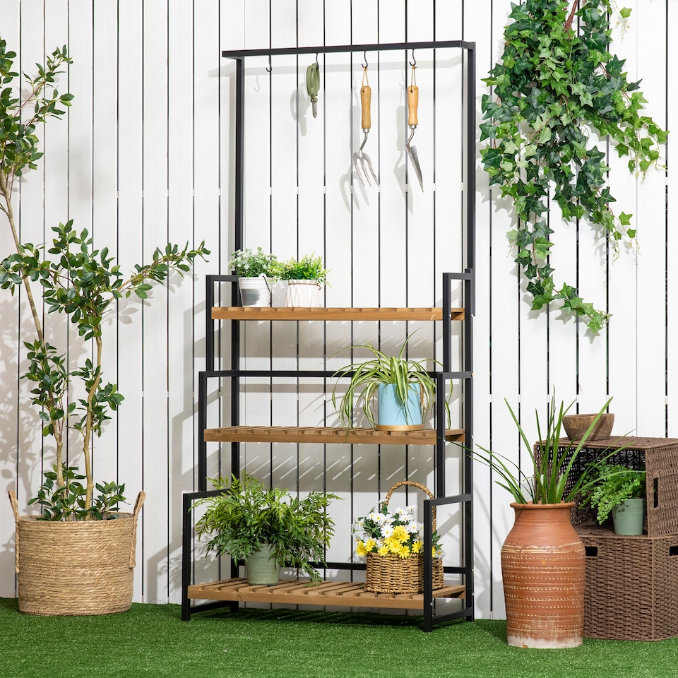 image 1 of Outsunny 3 Tiered Plant Stand Rack with Hanging Hooks for Indoor Outdoor