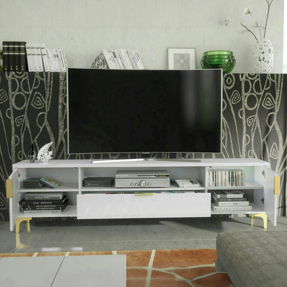 image 1 of TV Unit 200cm White High Gloss Doors with Gold Legs and Drawer White