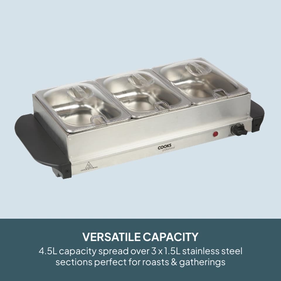 image 1 of Cooks Professional 3-Section Buffet Warmer 4.5L with Hotplate Function | Silver | Silver | 1