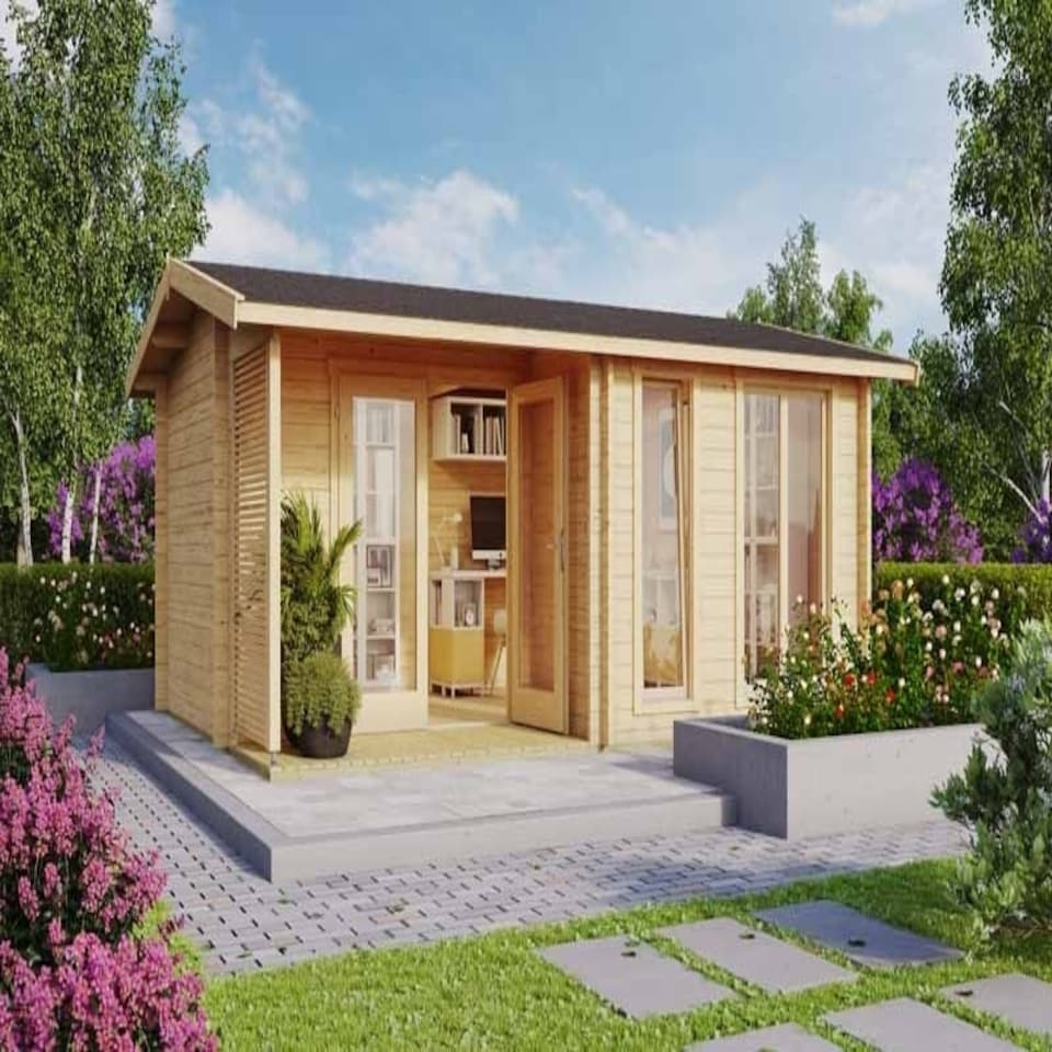 image 1 of Brighton 44-Log Cabin, Wooden Garden Room, Timber Summerhouse, Home Office - L580 x W429.9 x H250.8 cm Brown
