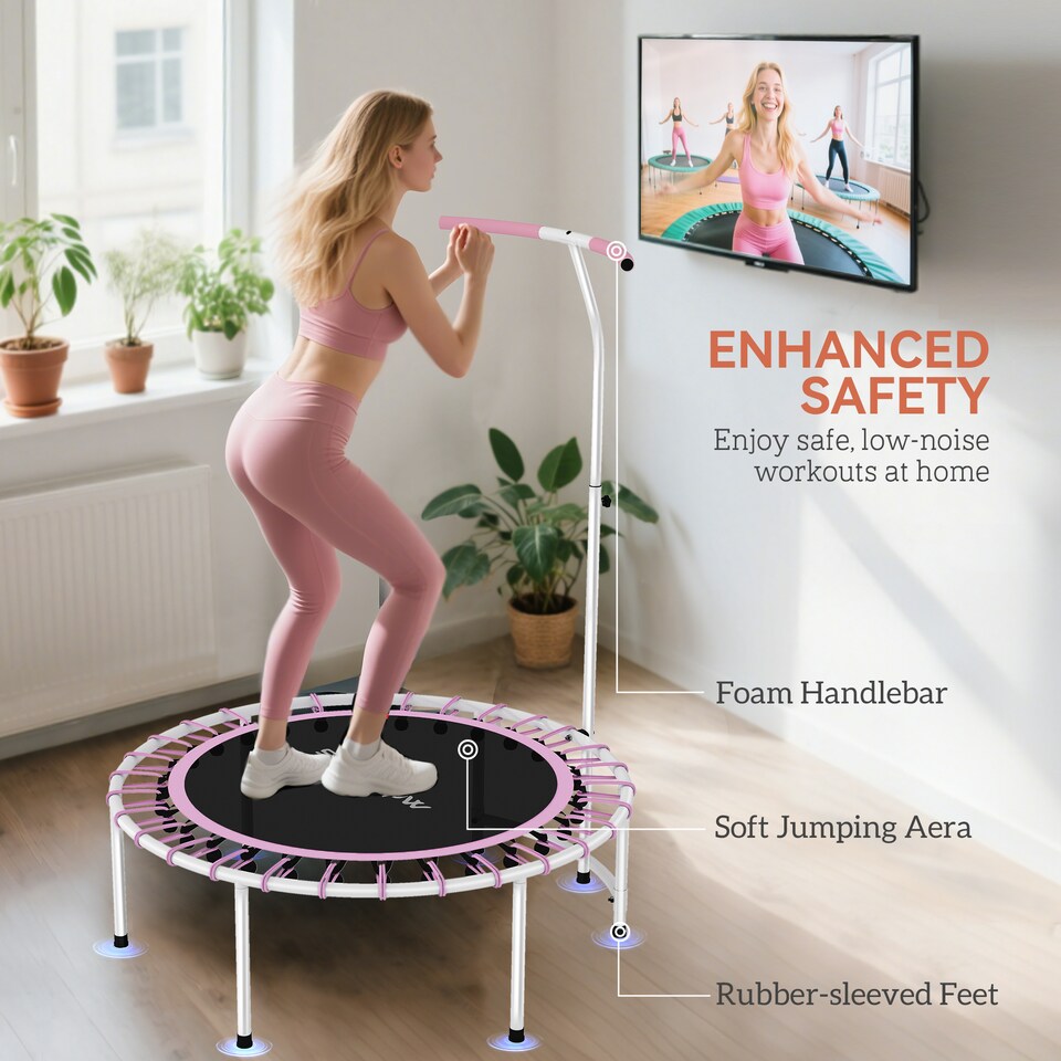 image 1 of SPORTNOW 40" Fitness Trampoline, Mini Rebounder Trampoline for Adults with 5-Level Adjustable Handle, Indoor Exercise Bungee Rebounder, Max Load 100KG, Purple | Purple