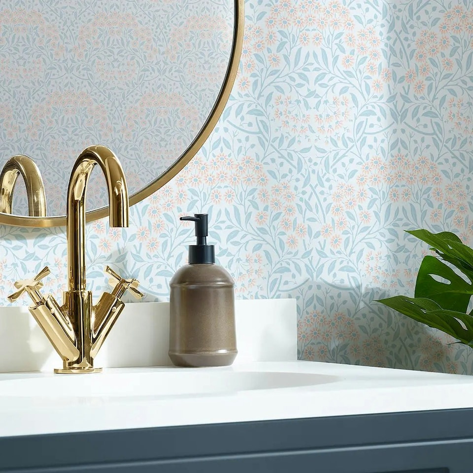 image 1 of Vintage Daisy Wallpaper in Soft Blue and Peach Multi