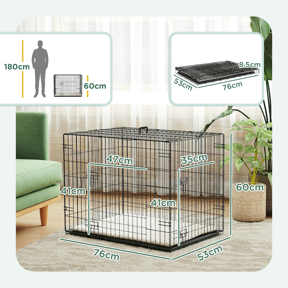 image 1 of PawHut Dog Crate with Two Doors, Tray, Soft Cushion, for Small Dogs, Black