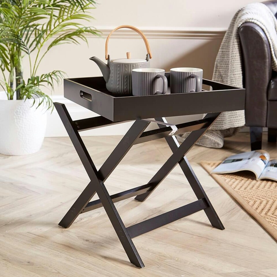 image 1 of Folding Butlers Side Table Portable Wooden Food Serving Tray Grey