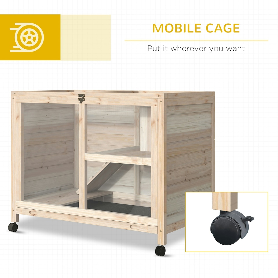 image 1 of PawHut Rabbit Hutch, Bunny Cage 2 Layers with Wheels & Open Roof, Natural