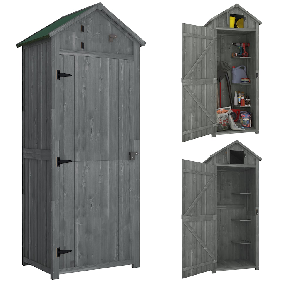 image 1 of Outsunny Wooden Garden Shed, Utility Outdoor Small Shed with Lockable Double Doors, Shelves and Roof Hatch, Grey