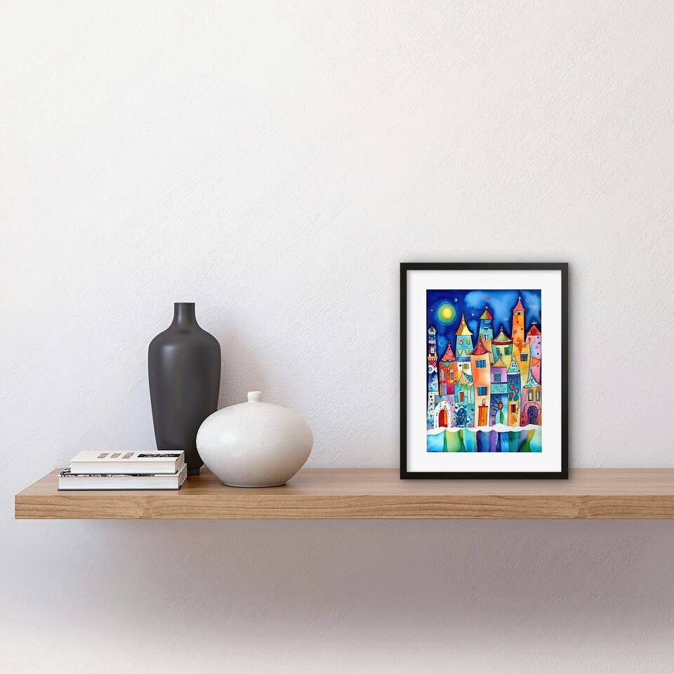 image 1 of Midnight Full Moon Colourful Town Folk Art 9x7" Black Framed Wall Art Print