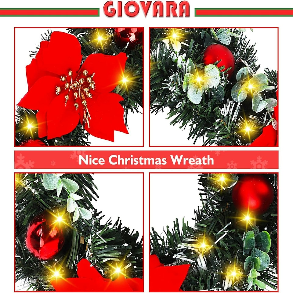 image 1 of Christmas Wreath, Artificial Door Wreath with LED Lights, Xmas Wreath