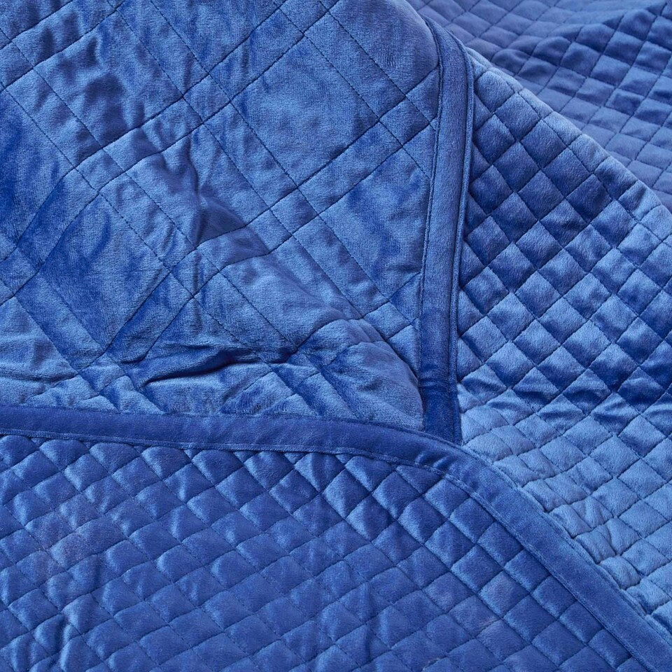 image 1 of Homescapes Navy Blue Paragon Diamond Geometric Velvet Bedspread - 250 x 260 cm | Blue | 1