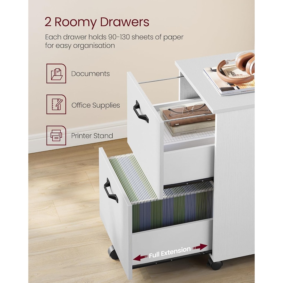 image 1 of Two-Drawer Mobile File Cabinet with Wheels, Compact Printer Stand Storage, White