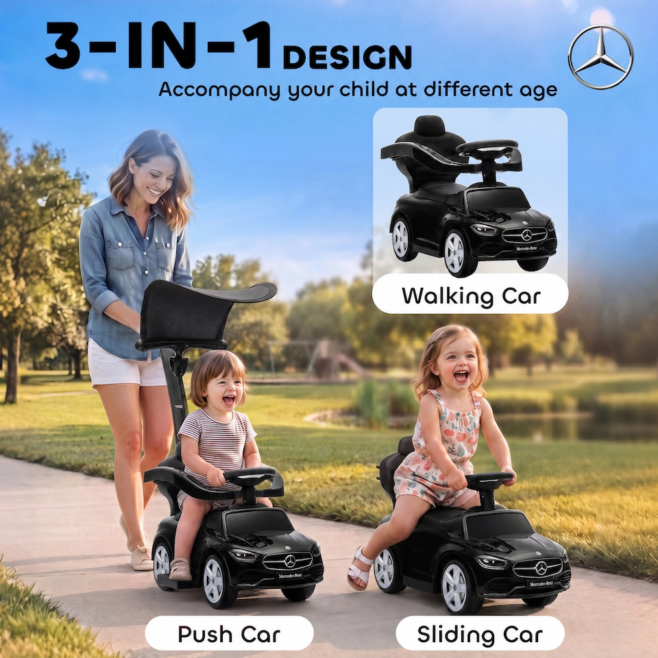 image 1 of AIYAPLAY 3 in 1 Licensed Mercedes-Benz Ride on Push Car with Canopy, Black
