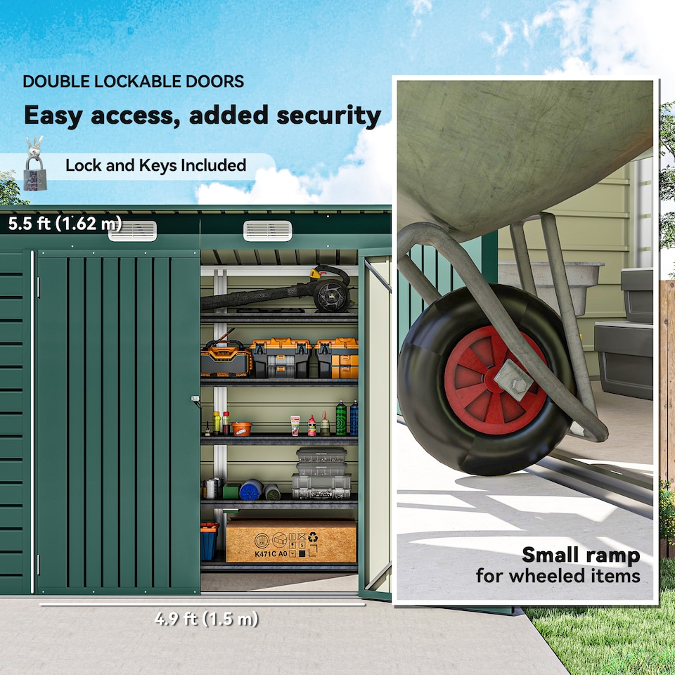 image 1 of Outsunny 8 x 4FT Garden Shed, Galvanised Metal Shed, Easy to Assemble, Outdoor Tool Storage Shed with Pent Roof, Lockable Door and 2 Vents, Green