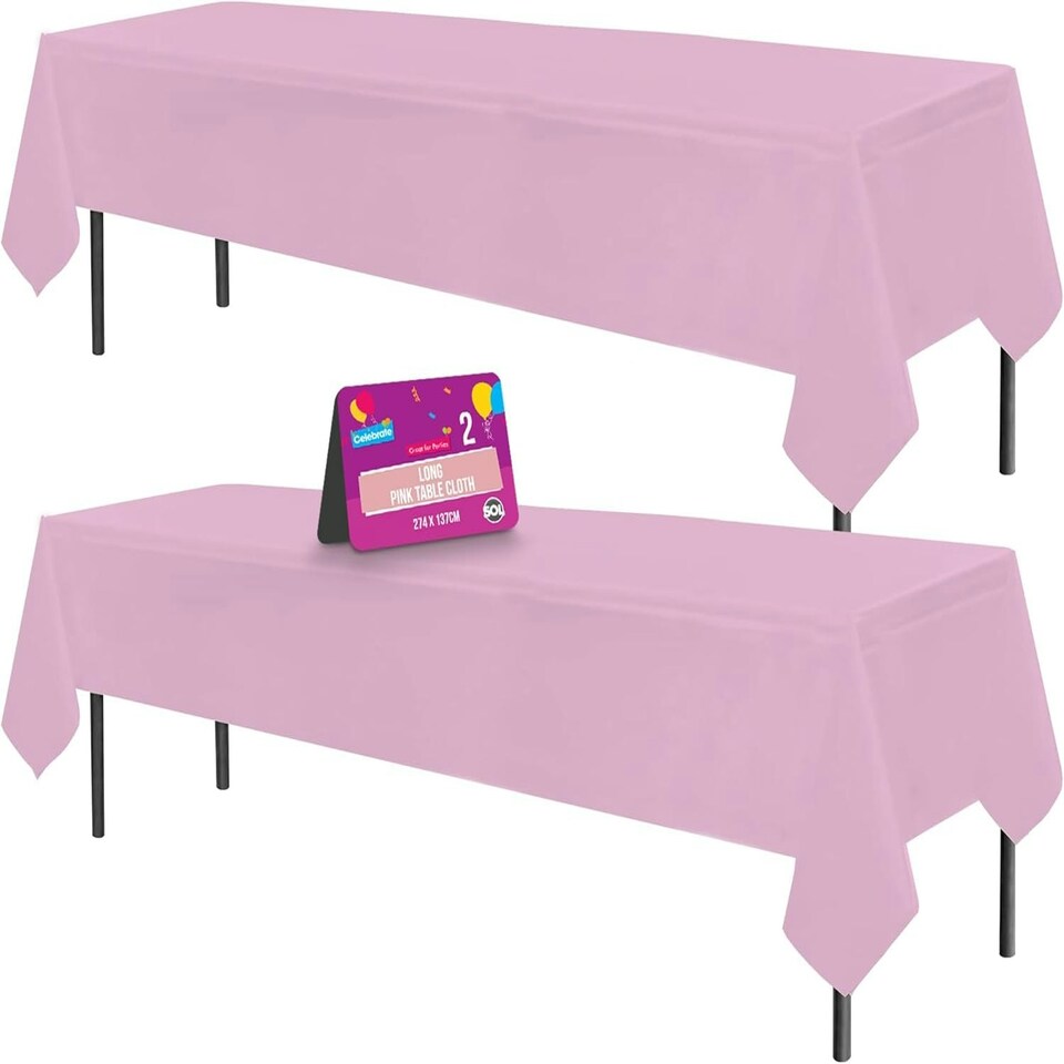 image 1 of SOL 2pk Long Pink Table Cloth Party 274x137cm Plastic Cover Disposable Pink