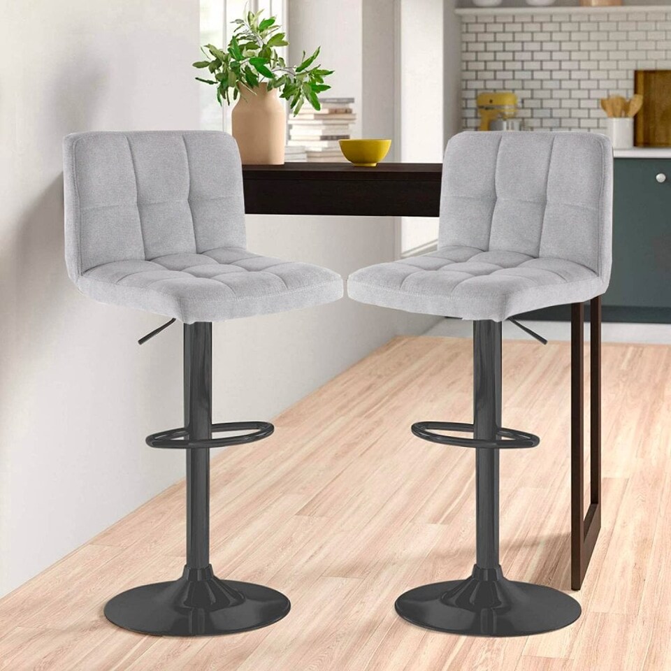 image 1 of Neo Cuban Bar Stool Grey Fabric Black Steel Base Set of Two