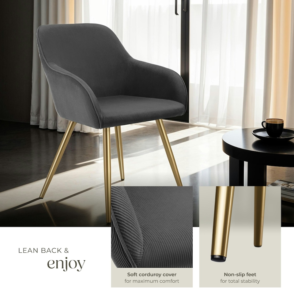 image 1 of Dining Chair Marilyn - corduroy look, upholstered, armchair, continuous backrest - Set of 6 Grey | Anthracite/Gold