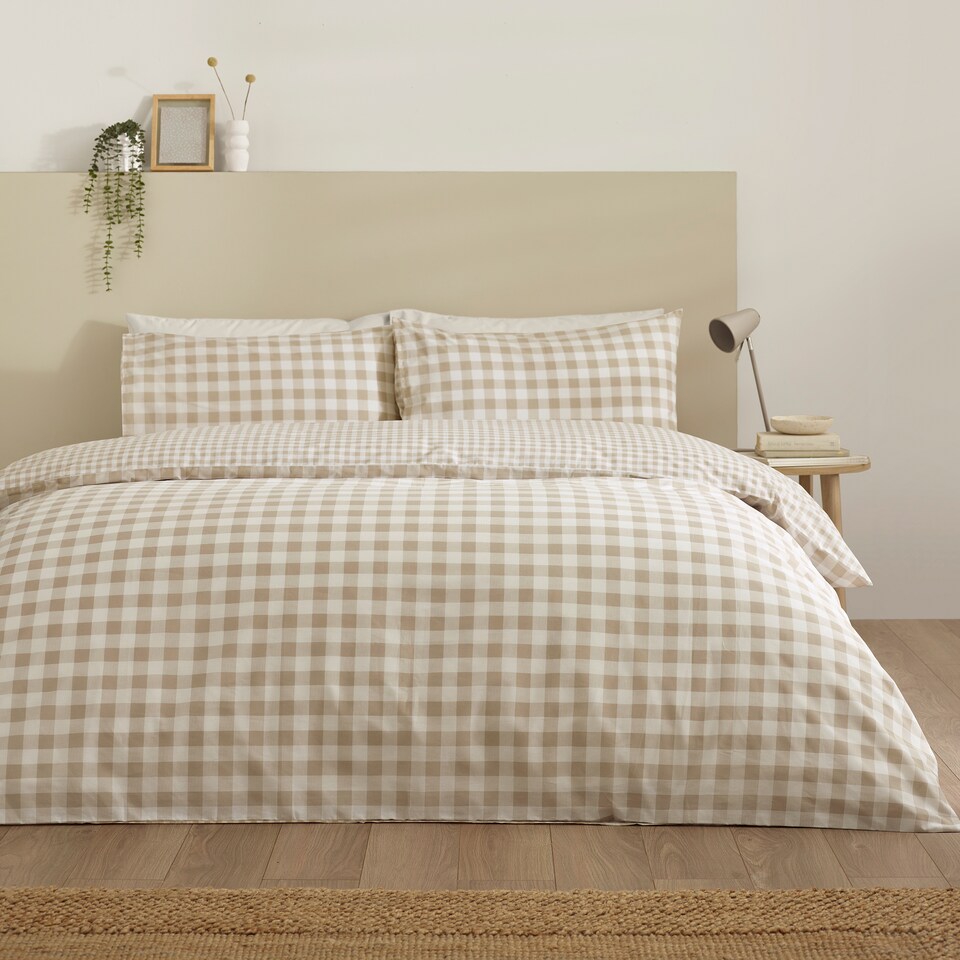 image 1 of Catherine Lansfield Bamford Gingham Check Reversible Duvet Cover Set | Cream | Natural | Super King