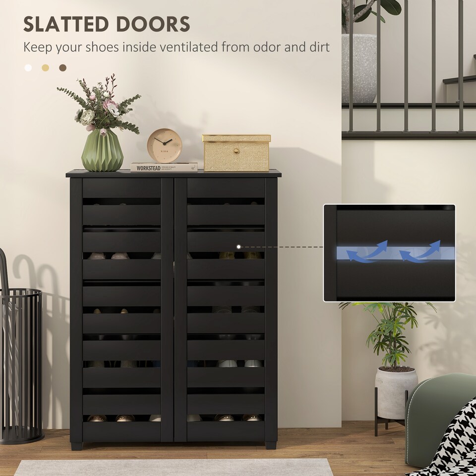 image 1 of HOMCOM Narrow Shoe Cabinet for Entryway, 5-Tier Slim Shoe Storage Cabinet with 2 Slatted Doors and Adjustable Shelves for 15 Pairs, Black | Black | Black