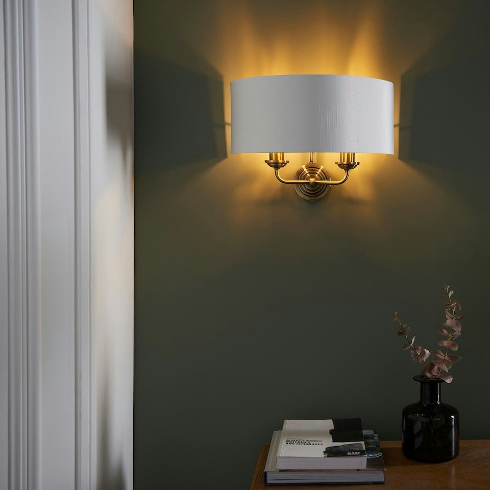 image 1 of Highclere Shade Wall Lamp, Antique Brass Plate, Vintage White Fabric