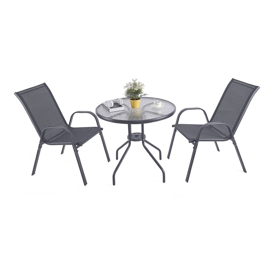 image 1 of 3 Pcs Garden Round Glass Top Table & 2 Chairs Bistro Set
