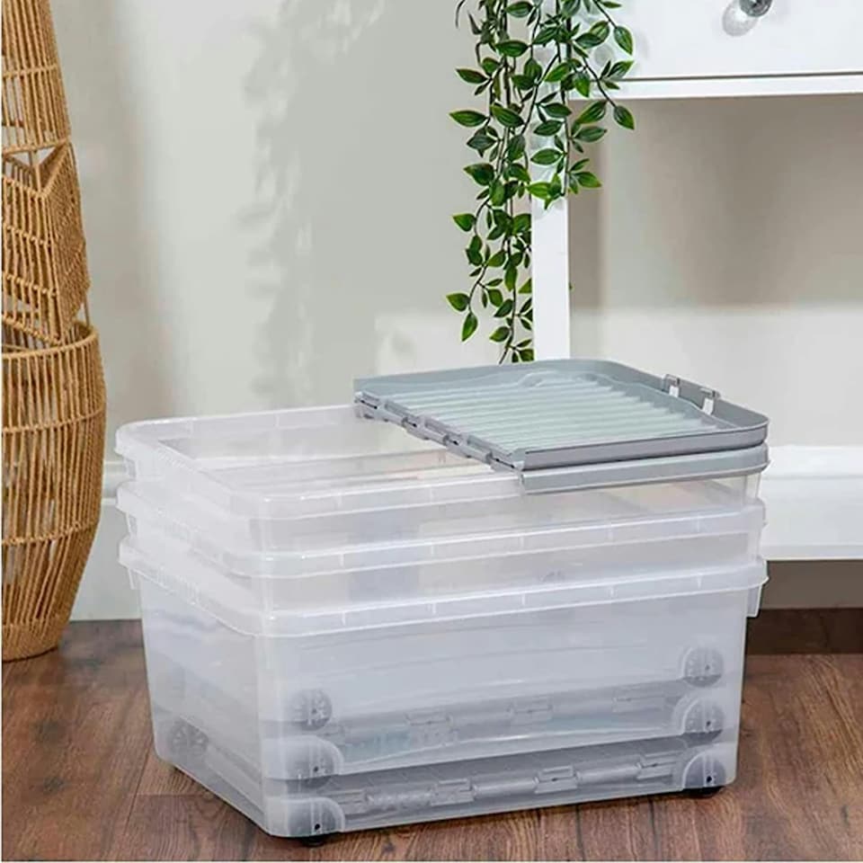 image 1 of 1 x 30 Litre Strong Stackable Folding Split Lid Storage Container Home Office Versatile Container With Wheels Clear