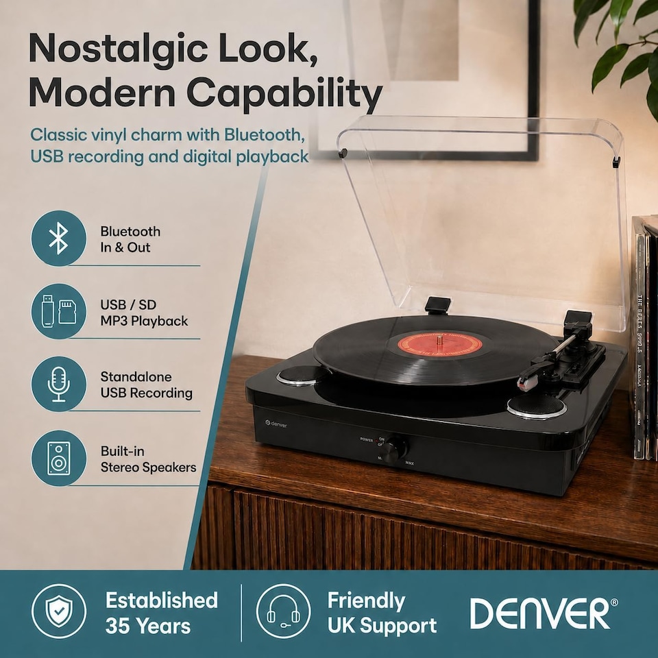 image 1 of Lightwood Vinyl Record Player With Stereo Speakers - Bluetooth Send & Receive - USB & SD Recording - AUX IN & RCA Out