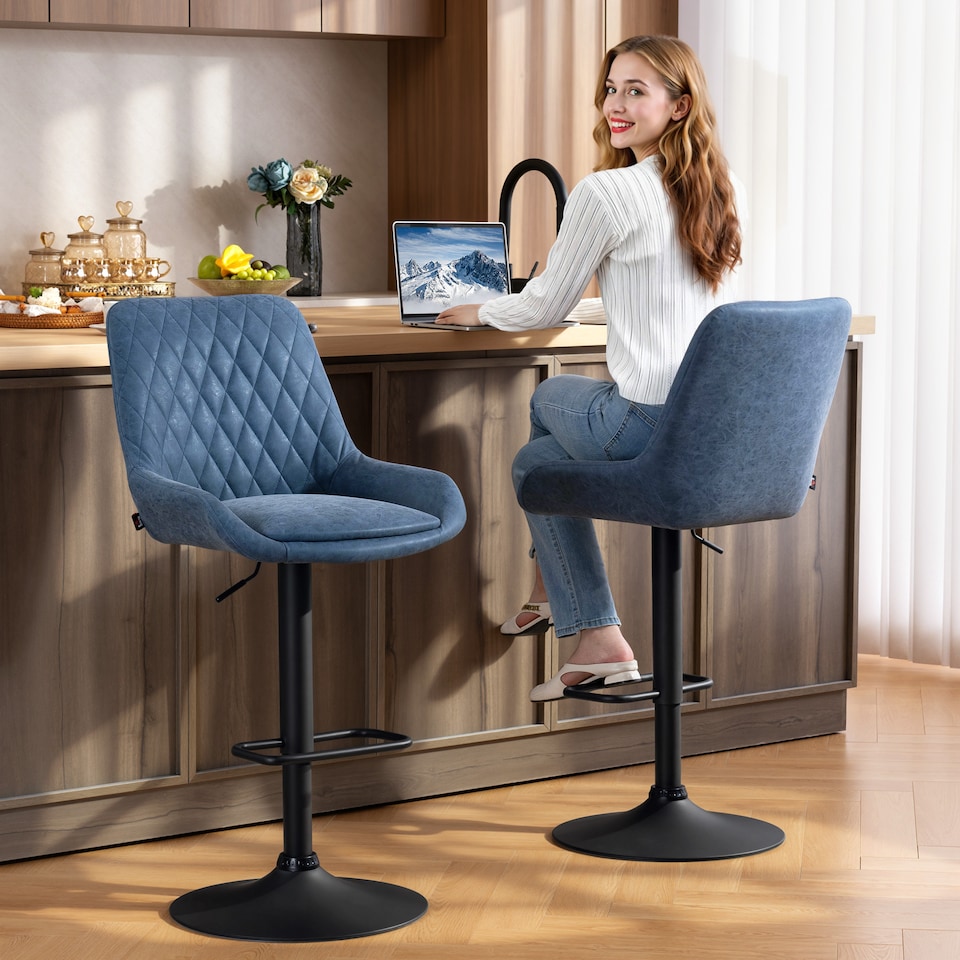 image 1 of HOMCOM Breakfast Bar Stools Set of 2 with 51x40cm Wide Seat, Height Adjustable Kitchen Counter Chairs, Retro Swivel Upholstered Barstools with Back, Footrest and Steel Base, Dark Blue | Blue | Blue
