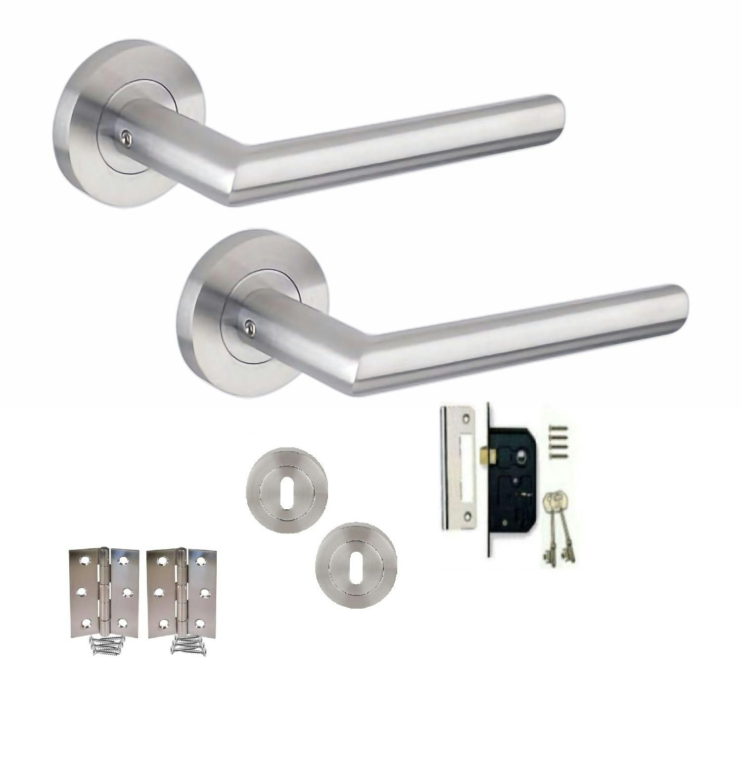 Golden Grace Mitred Design Door Handles Set on Round Rose in Satin Nickel Finish with 64mm 3 Lever Mortise Lock, 3" Standard Hinges and Key Hole Grey