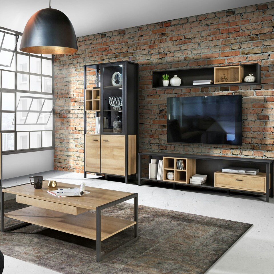 image 1 of High Rock Wall Shelf in Matt Black/Riviera Oak