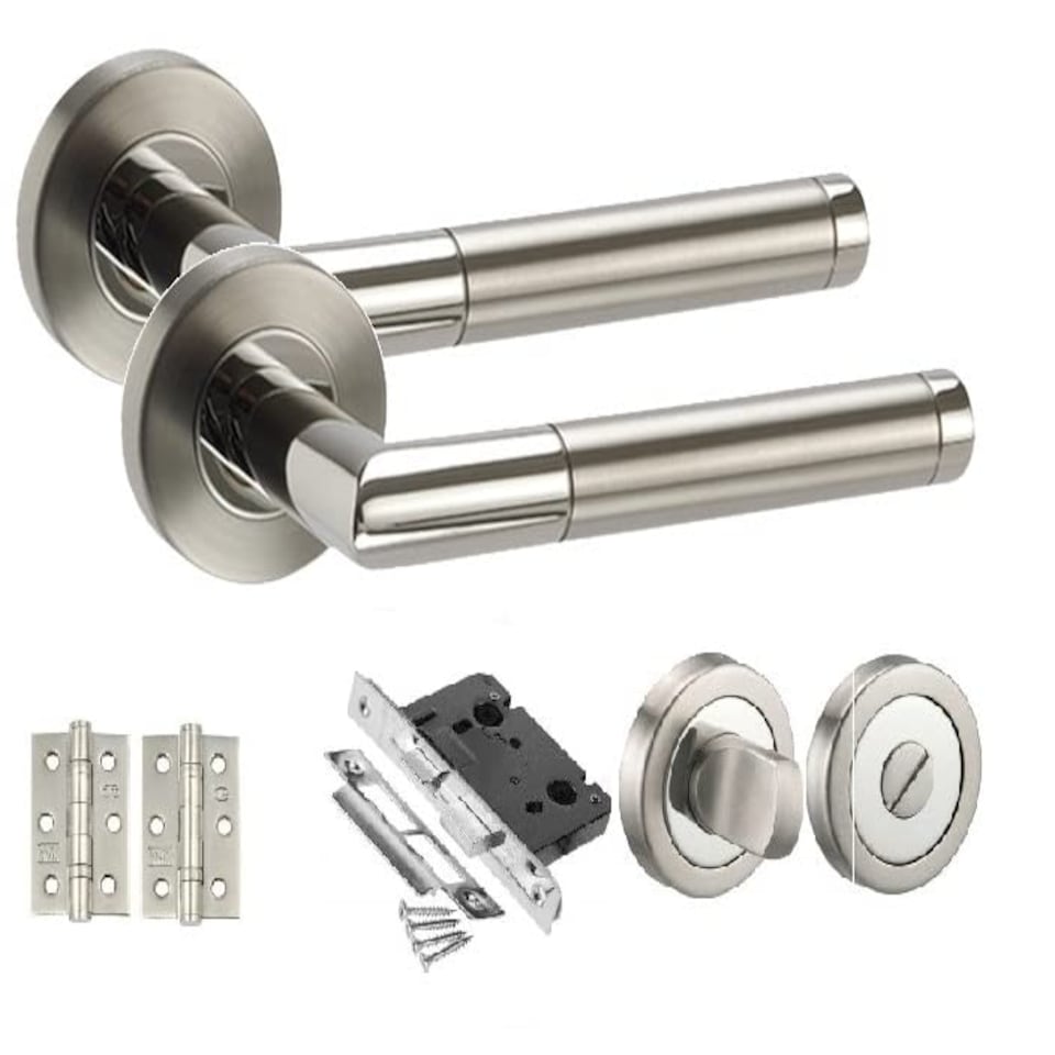 image 1 of Golden Grace Mitred Style Modern Bathroom Door Handles Set Lever Latch on Round Rose with Duo Chrome Finish with Ball Bearing Hinges and 64mm Tubular | Grey | 1 Set