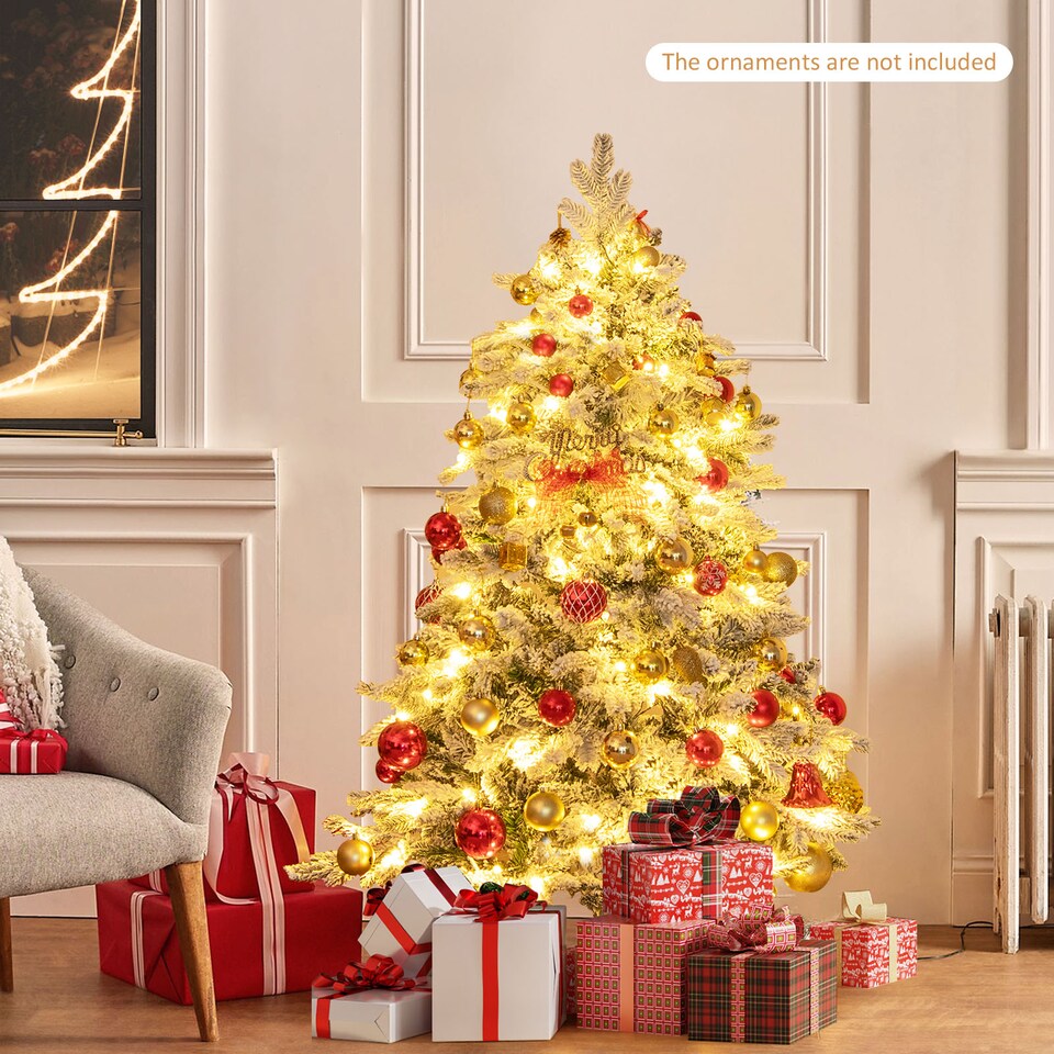 image 1 of COSTWAY 4.5FT Pre-lit Artificial Christmas Tree Hinged Flocked Xmas Tree with LED Lights
