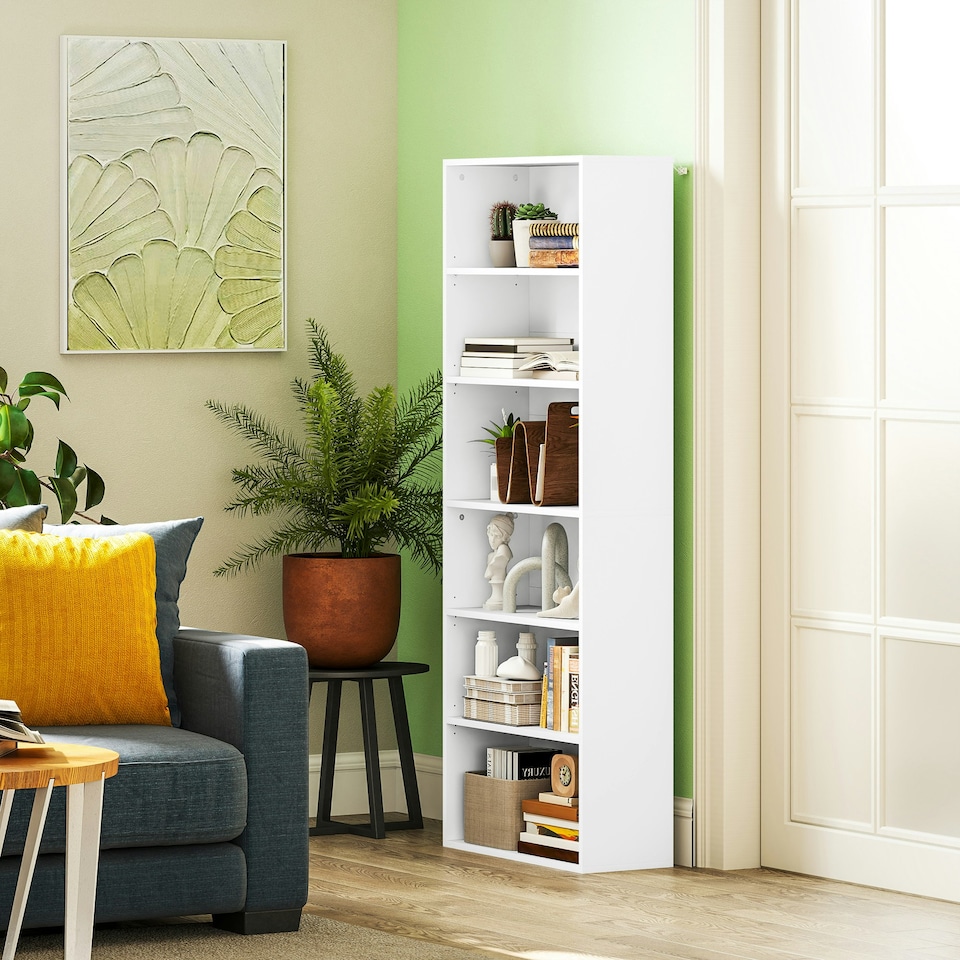 image 1 of HOMCOM 6 Tier Bookshelf, Freestanding Bookcase with Adjustable Shelves, White White