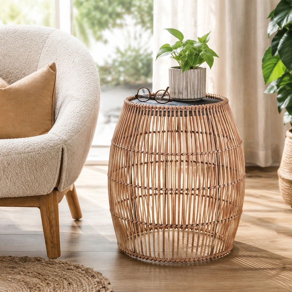 image 1 of Teamson Bamboo Outdoor Side Table with Iron Frame, Round Boho Accent Table