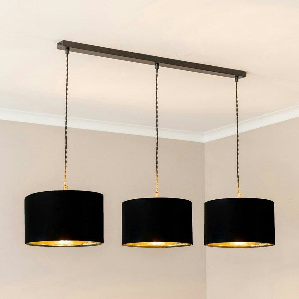 image 1 of ValueLights Reni Black & Gold Drum Shade 3 Drop Bar Matte Black Diner Ceiling Pendant Light Black