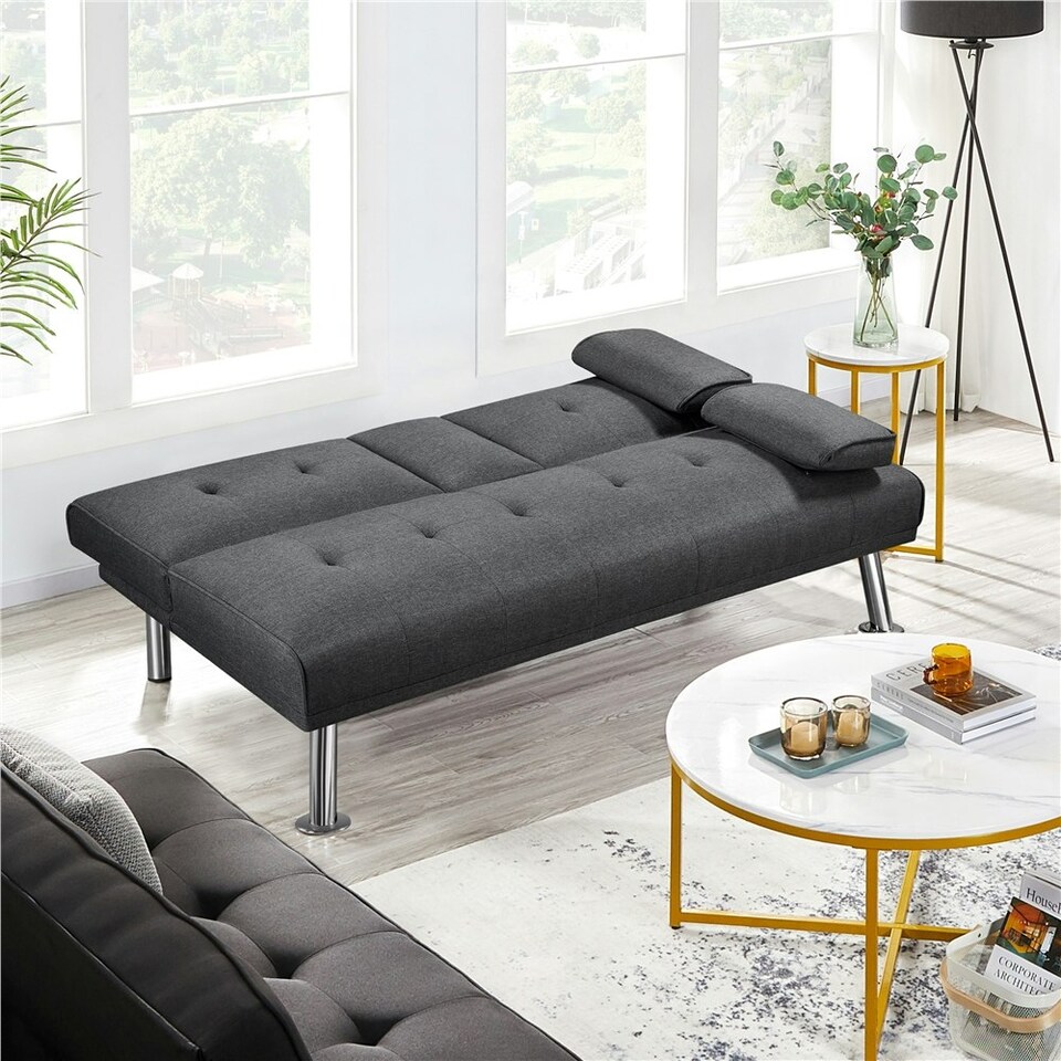 image 1 of Yaheetech Fabric Upholstered Convertible Futon Sofa Bed for Small Spaces