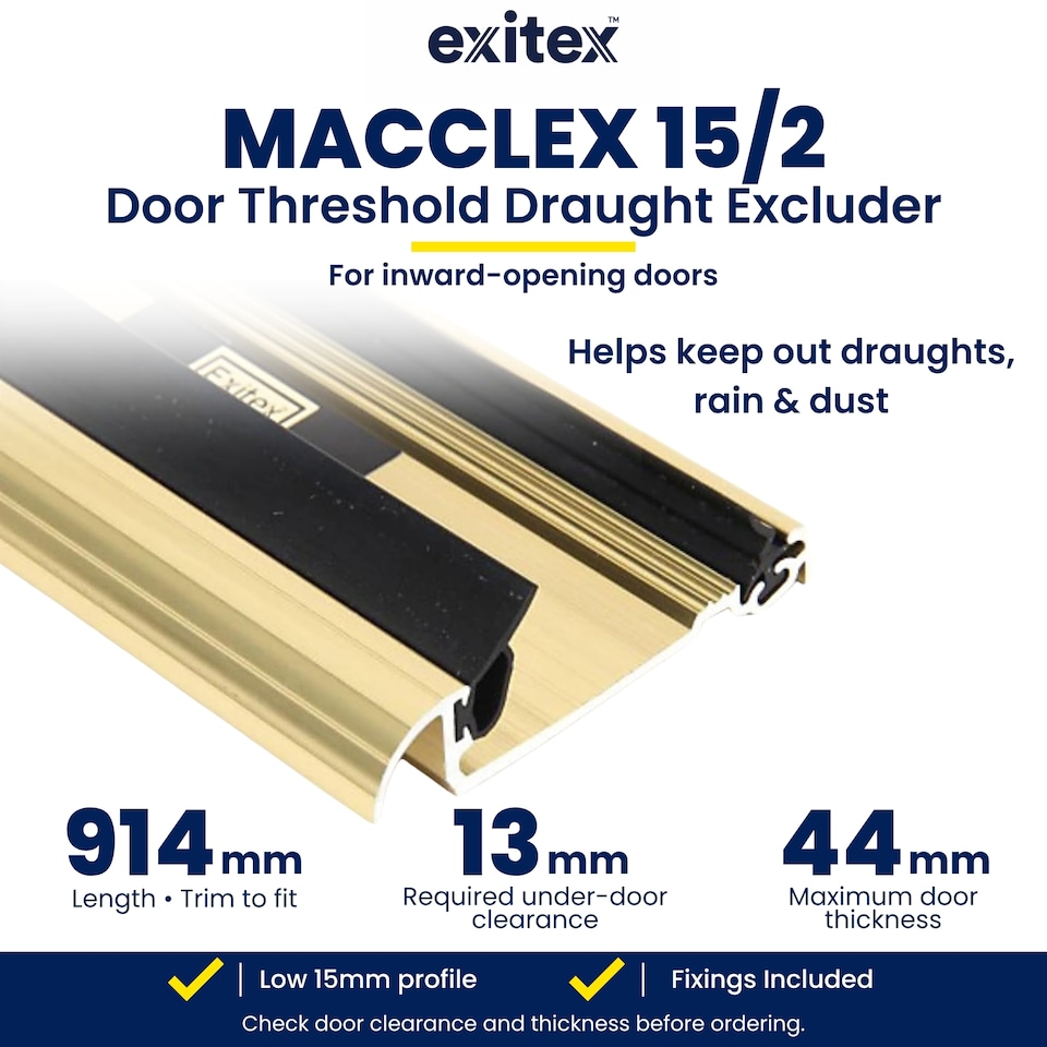 image 1 of Exitex Macclex 15/2 Aluminium Door Threshold Draught Excluder Cill for 44mm Doors, 914mm | Gold