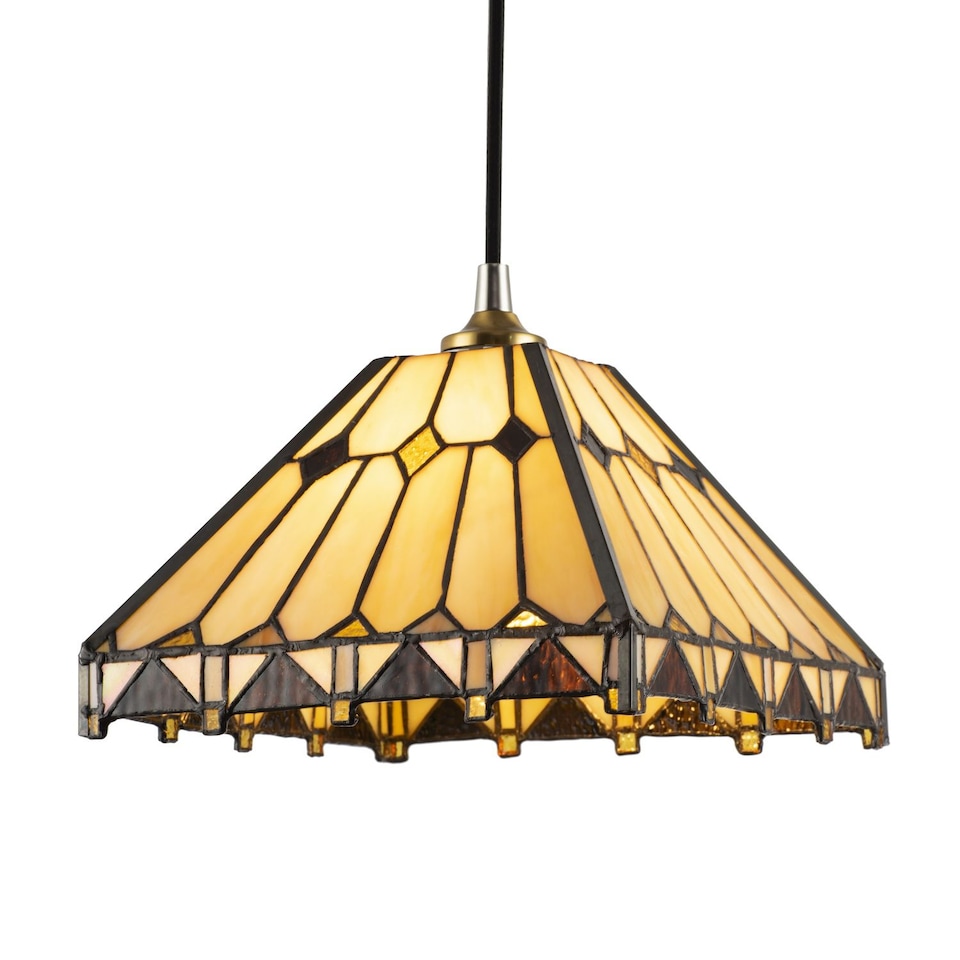 image 1 of Art Deco Style Amber Tiffany Pendant Shade with Gold Triangles and Diamonds | Orange | Amber | 1