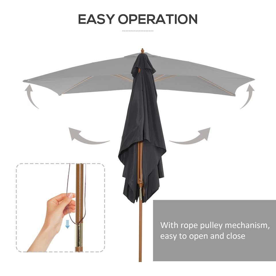 image 1 of Outsunny Wooden Garden Parasol Sun Shade Patio Umbrella Canopy Dark Grey
