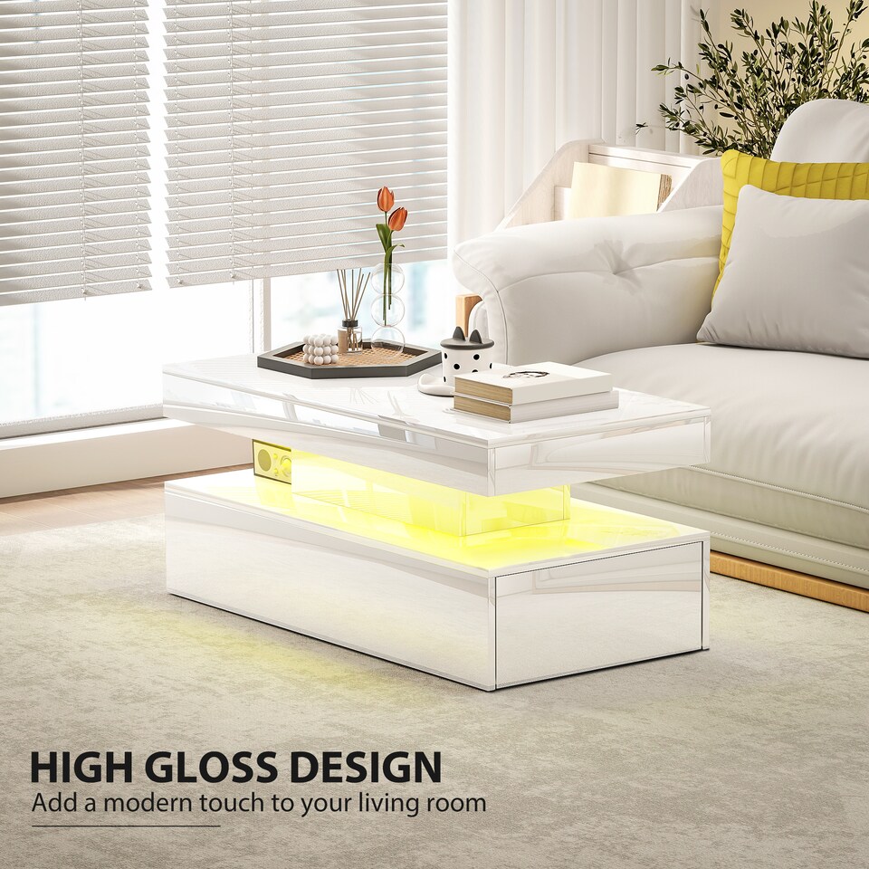 image 1 of HOMCOM LED Coffee Table with Storage, Modern High Gloss Living Room Table with 2 Drawers, Open Shelf and Remote Control, White